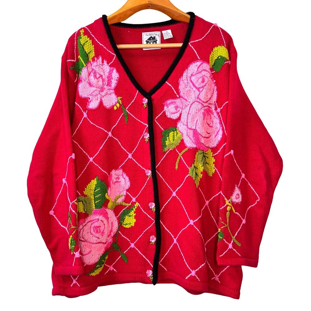 Storybook Knits Red Floral Cardigan with Pink Roses
